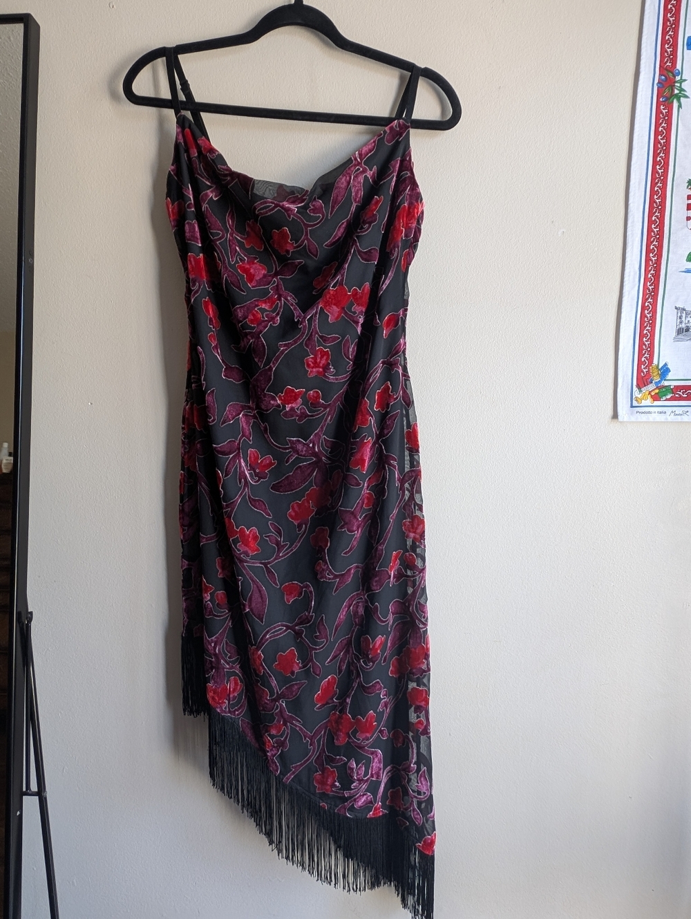 G-Dresses Vintage Black Floral Asymmetric Dress with Fringe